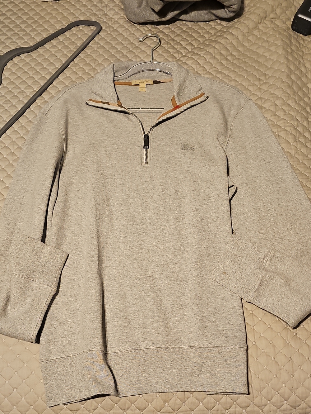 Burberry Light Gray Quarter-Zip Sweater with Tan Trim